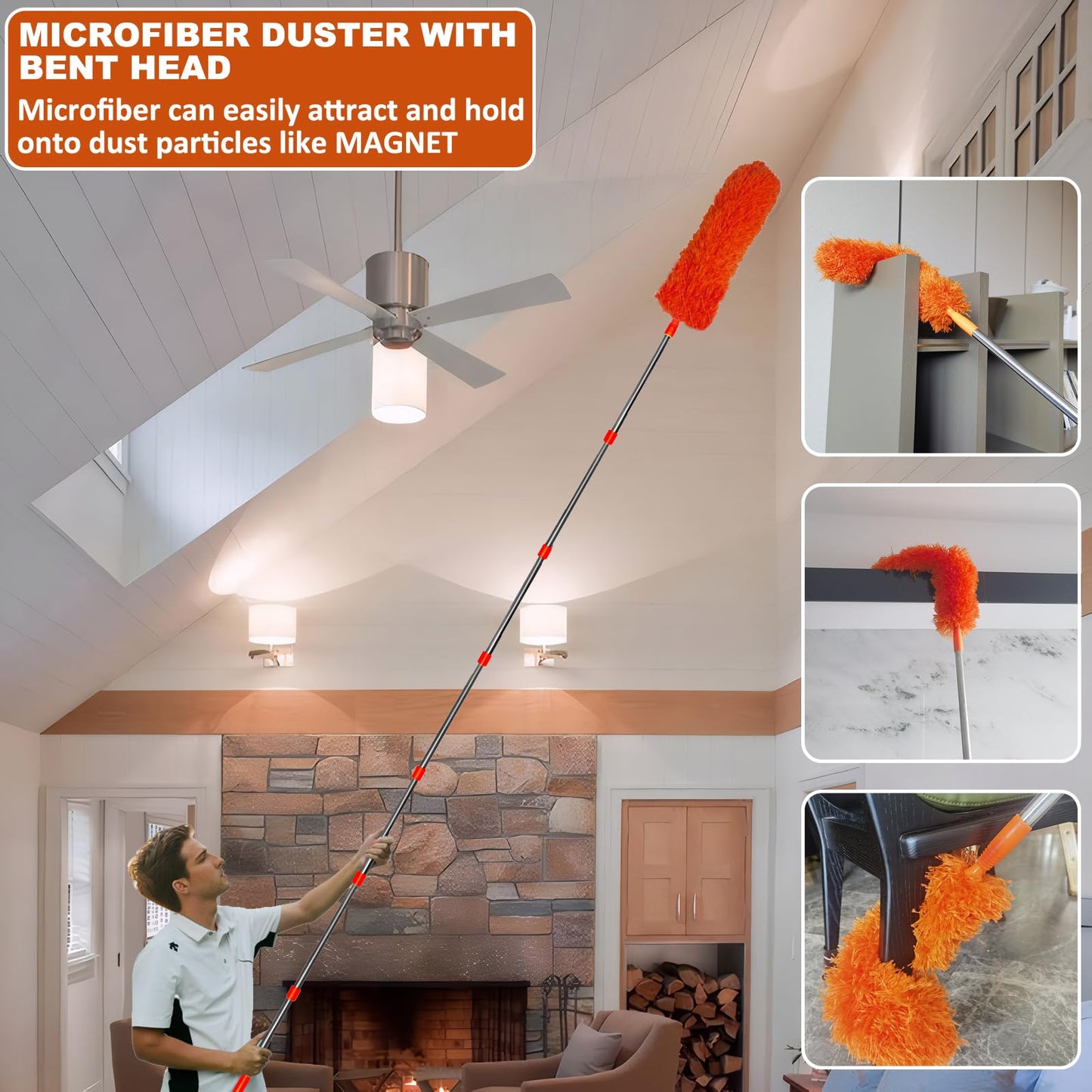 20 Feet High Reach Duster Kit with 2-14 ft Extension Pole, Cobweb & Corner Brush Cleaning Duster