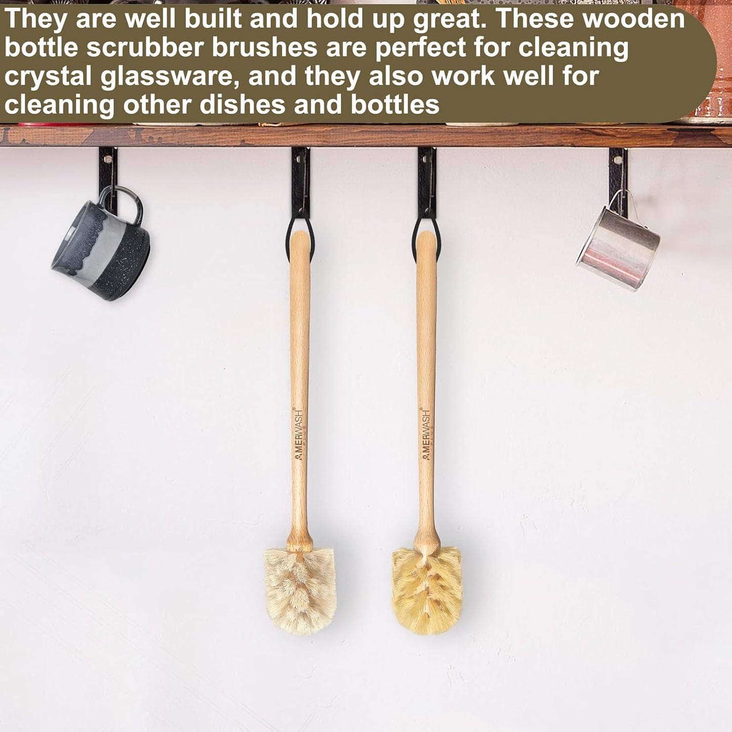 Bottle Brushes with Natural Bristles, 13-3/4 Inch Long Wood Handle Bottle Brush Cleans and Scrubs Wide Mouth Jars, Glasses, Vases, Mugs and Pitchers, Sisal + Horsehair Bristles 2 Pack