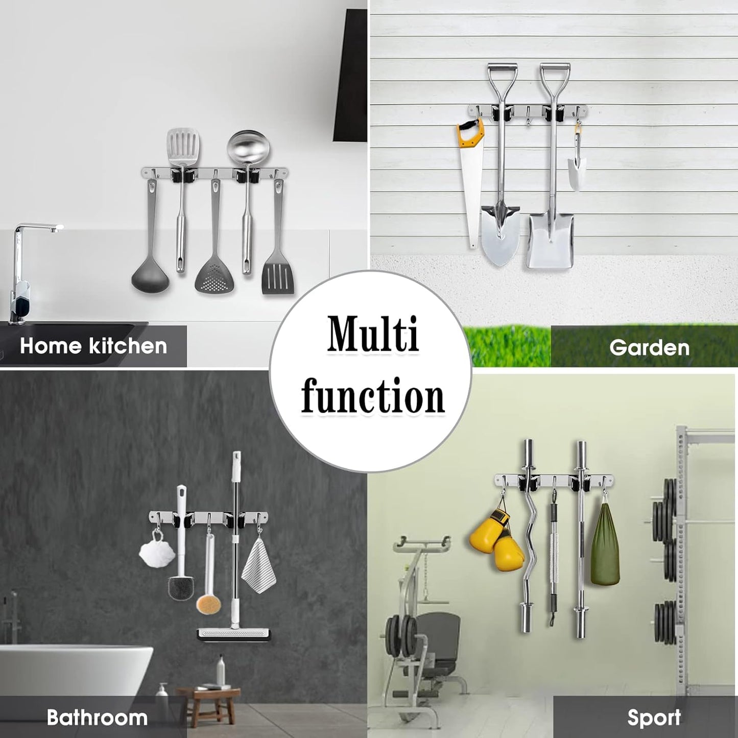 2 Racks and 3 Hooks Broom and Mop Holder Wall Mounted Garage Organizer Storage Tool Racks Stainless Steel Heavy Duty Hooks Self Adhesive Solid Non-slip Wall Hangers for Home Kitchen Garden Laundry