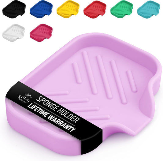 Zulay Small Silicone Sponge Holder (4.9x3.3”) – Space-Saving Sink Organizer Tray for Sponge, Soap, Brush & More – Compact Non-Slip Dish for Kitchen & Bathroom (Lavender)