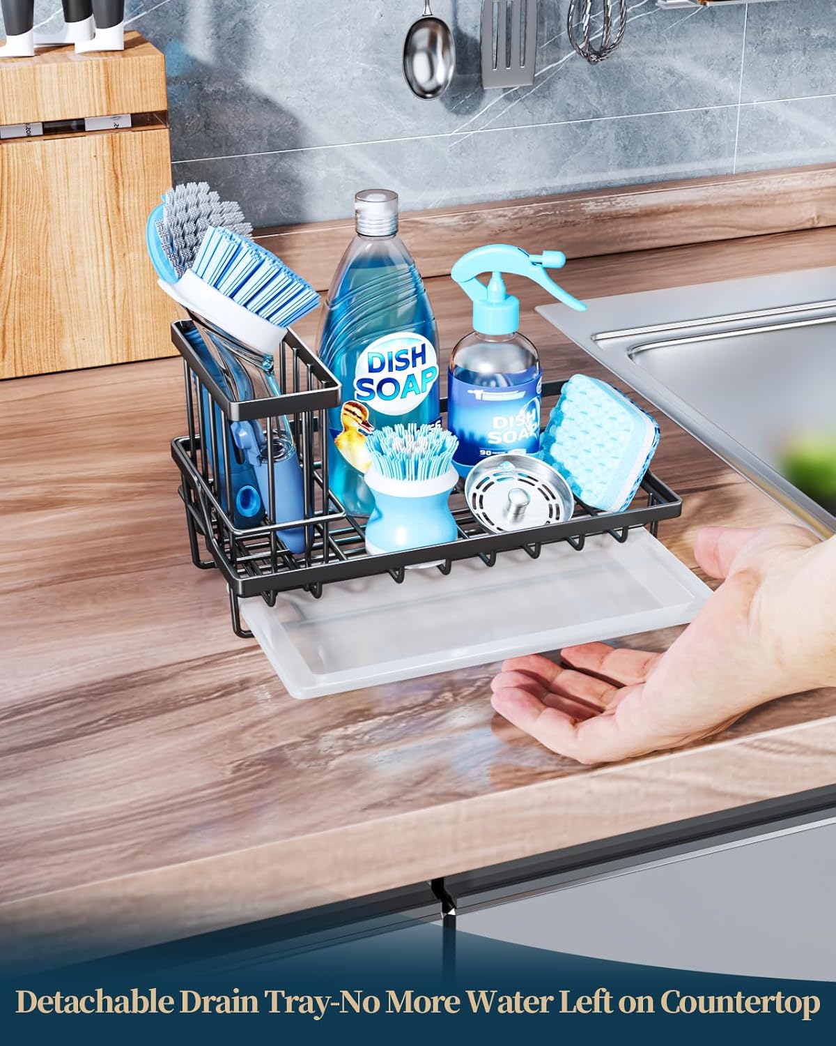 Consumest Sink Caddy, Kitchen Sponge Holder with Dish Brush Holder, Kitchen Sink Organizer with Drip Tray for Countertop Stainless Steel Rustproof, Black-Large