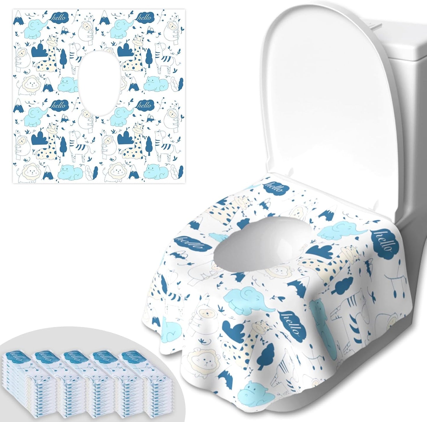 50 PCS Disposable Toilet Seat Covers, Extra Large Portable Potty Seat Covers for Toilet, Bathroom, Toddler & Kid Potty Training Seat Cover, Travel Essentials for Airplane, Trip-Animal