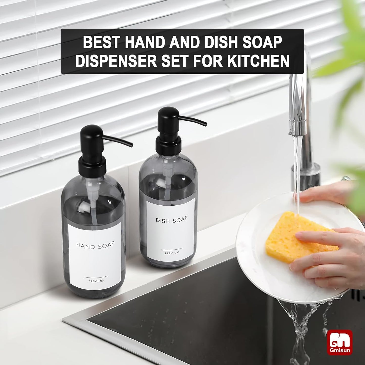 GMISUN Black Soap Dispenser, 2 Pack Hand Soap Dispensers for Bathroom, 17 Fl Oz Dish Soap Dispenser for Kitchen with Stainless Steel Pump, Modern Liquid Soap Bottle Set