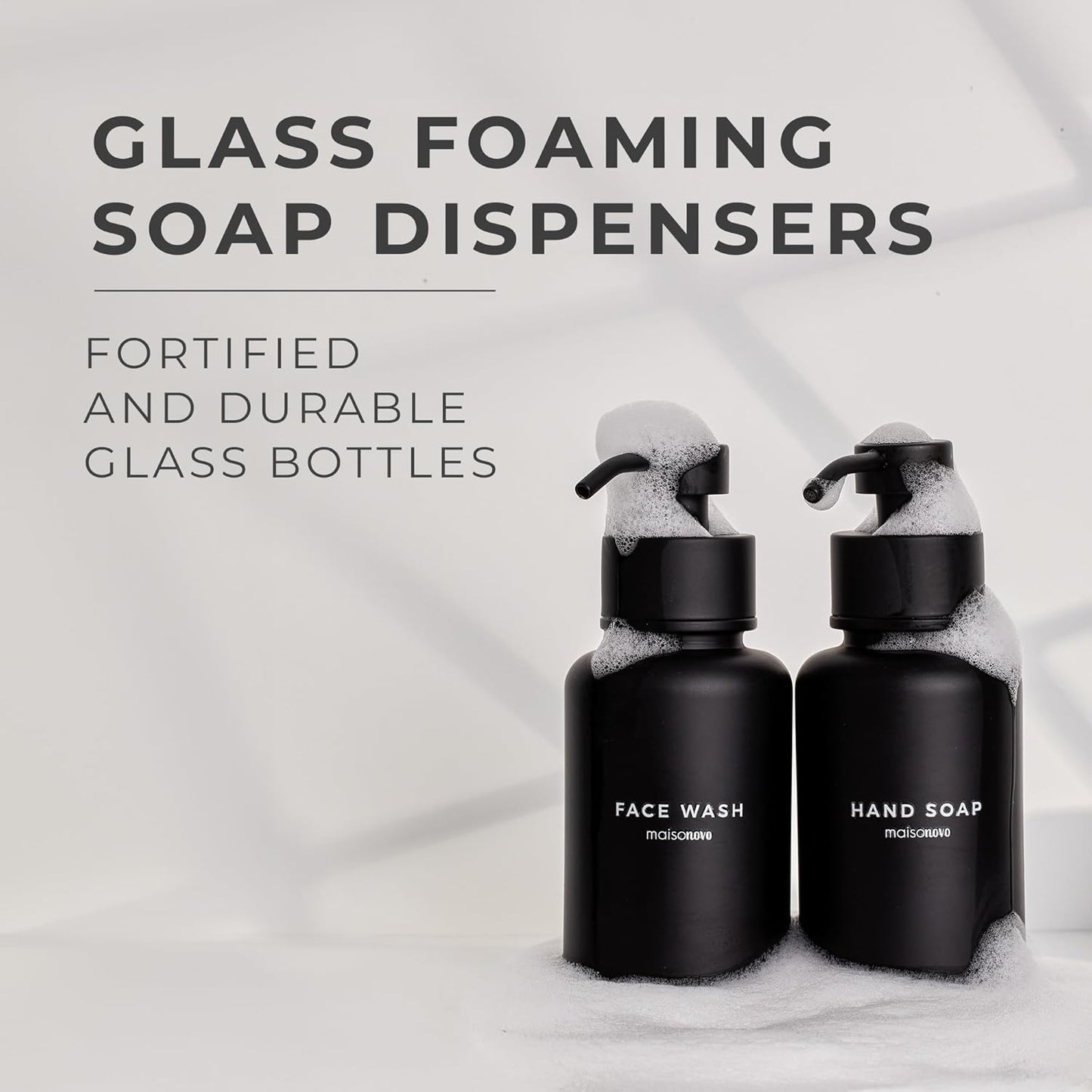 MaisoNovo Glass Foaming Soap Dispenser 14 Oz | Black Glass Black Pumps x 2