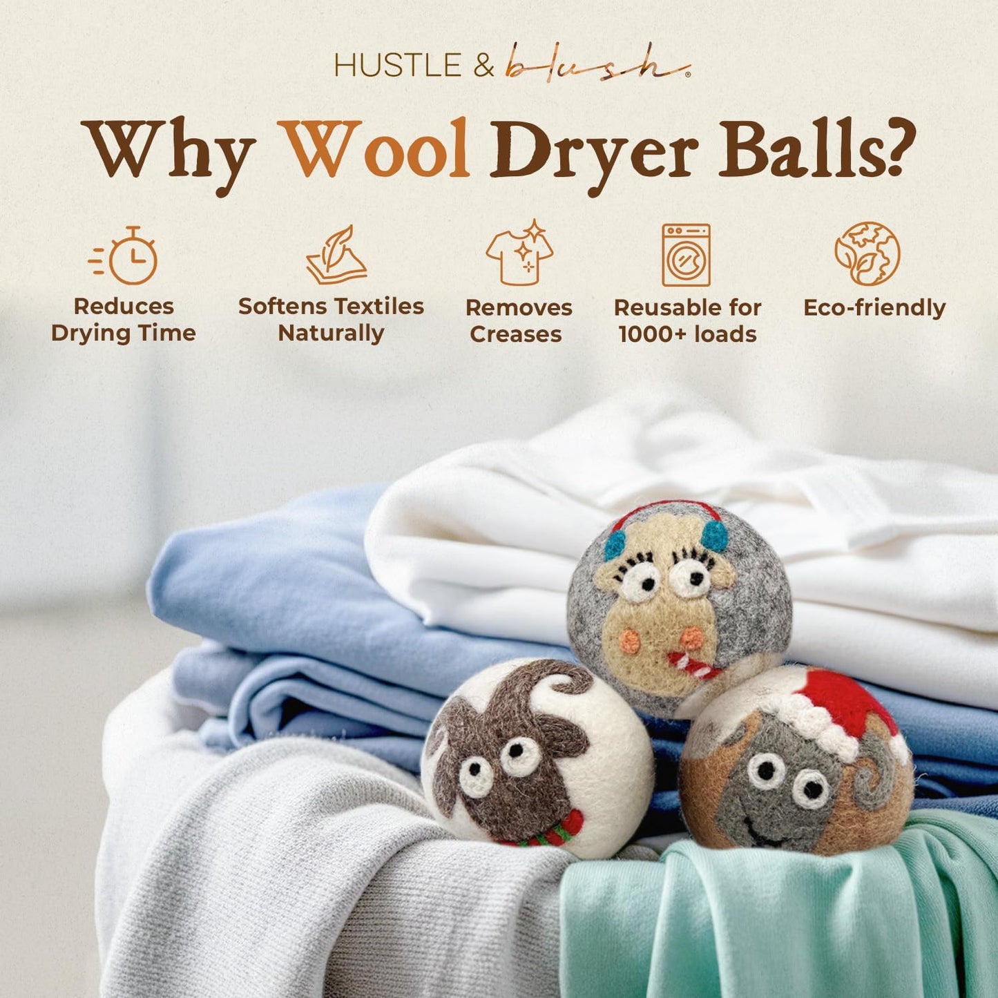 Fluff Ewes Wool Dryer Balls 3 Pack Premium New Zealand Wool Laundry Balls for Dryer, No Static Dryer Balls Laundry Reusable, XL Christmas Dryer Balls, Holiday Dryer Balls - Sheep in Heavenly Peace