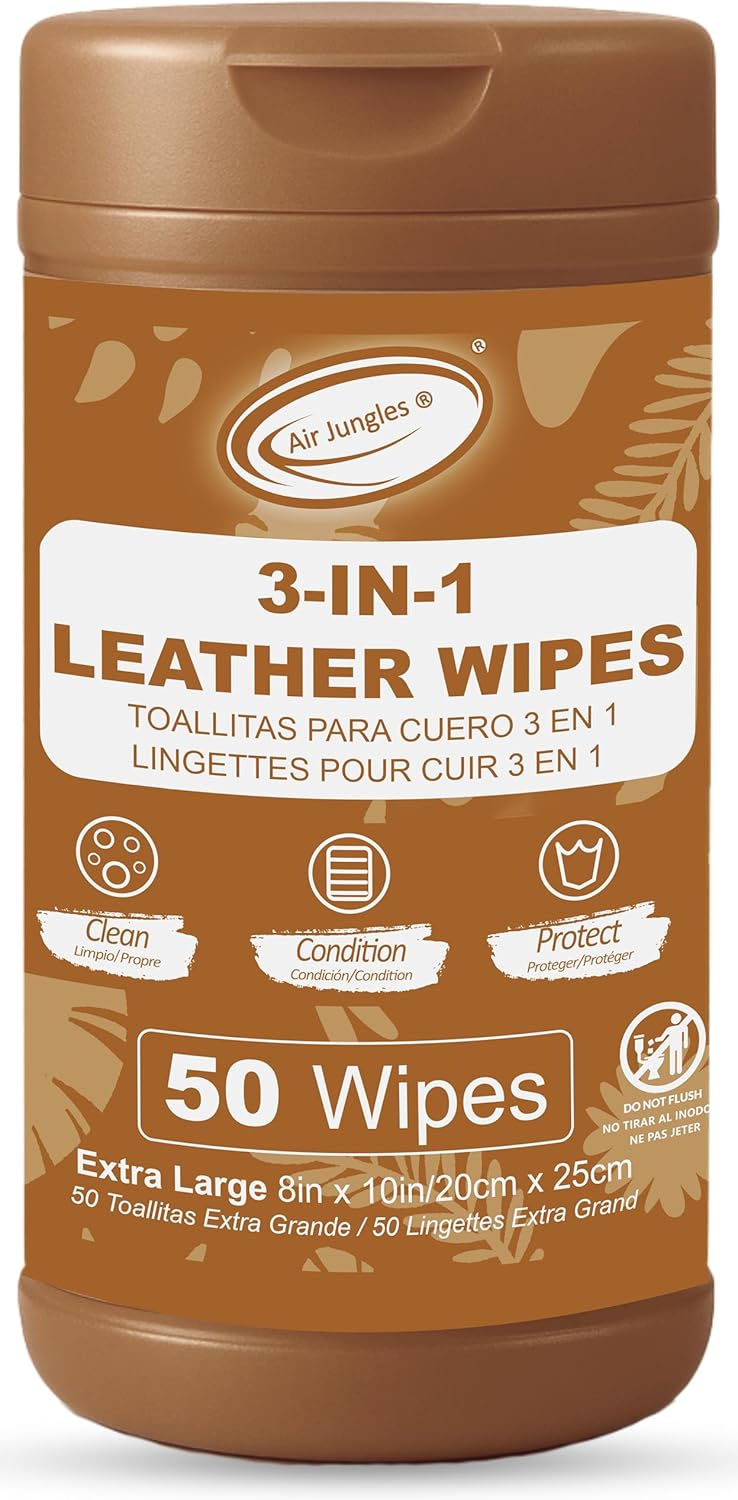 Air Jungles 3in1 Leather Wipes 50 Count, Extra Large 8" x 10" Size, Clean Condition Protect Wipes for Leather Furniture Auto Car Interior Shoes Boots Bags Apparel and Vinyl