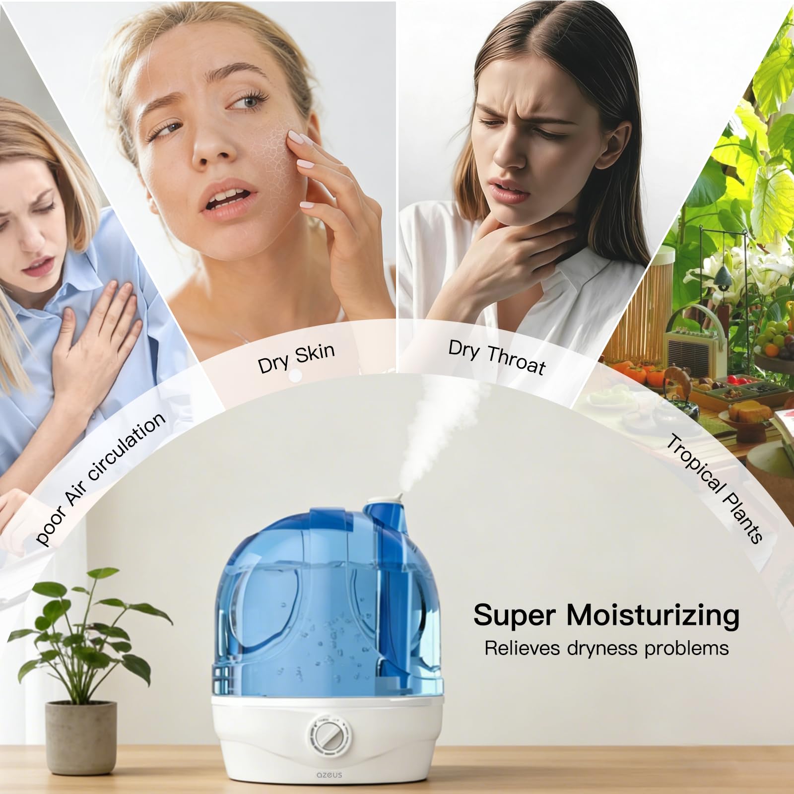 AZEUS Cool Mist Humidifiers for Bedroom, BabyRoom, Office and Plants,2.8L Large Capacity Ultrasonic