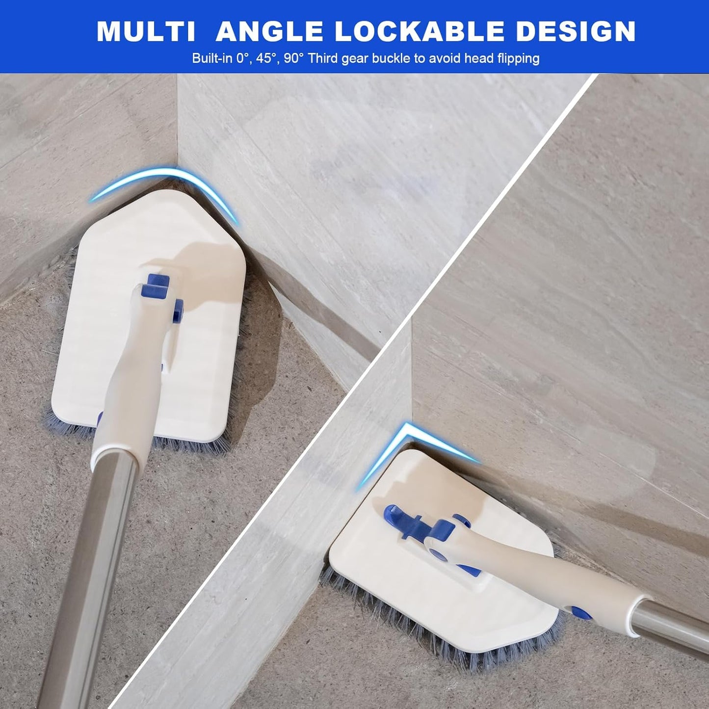 Tile Tub Scrubber Brush with 52-inch Adjustable Long Handle 3-in-1 Rotatable Shower Brush for Cleaning，3 Different Replacement Brush Heads for Cleaning Tub Tile Bathroom Kitchen Walls ，Blue