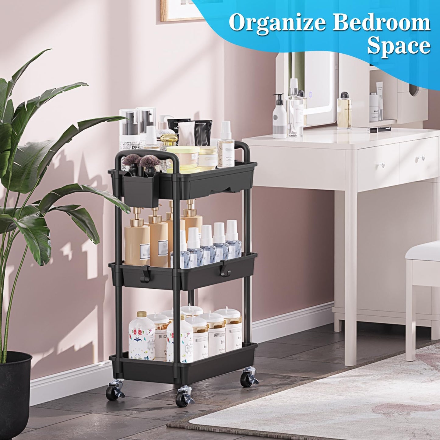 SUNALLY 3 Tier Rolling Cart with Drawer, Craft Storage Cart Organizer,Black