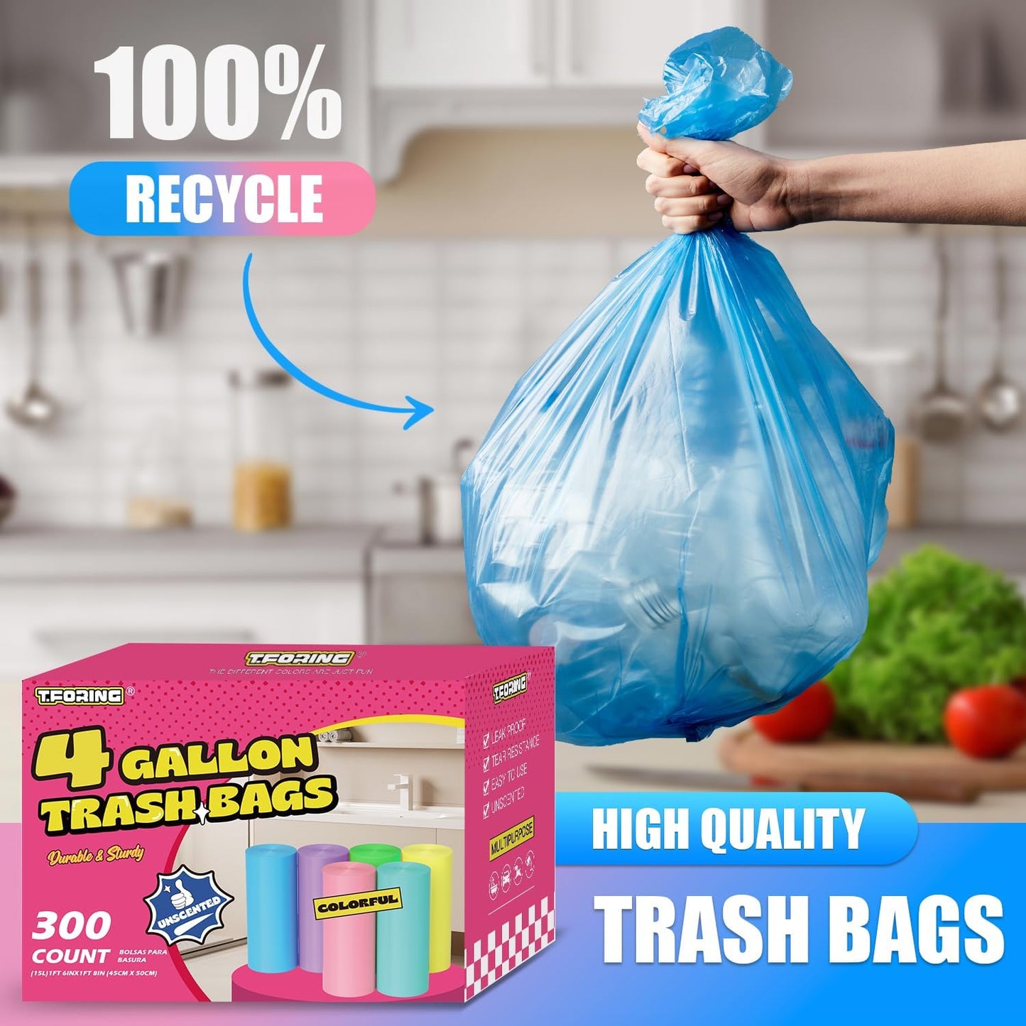 300 Count 4 Gallon Small Trash Bags - 15 Liter Colored Garbage Bags Unscented Wastebasket Liners Heavy Duty & Leakproof Plastic Can Liners for Bathroom Office Bedroom Toilet Car