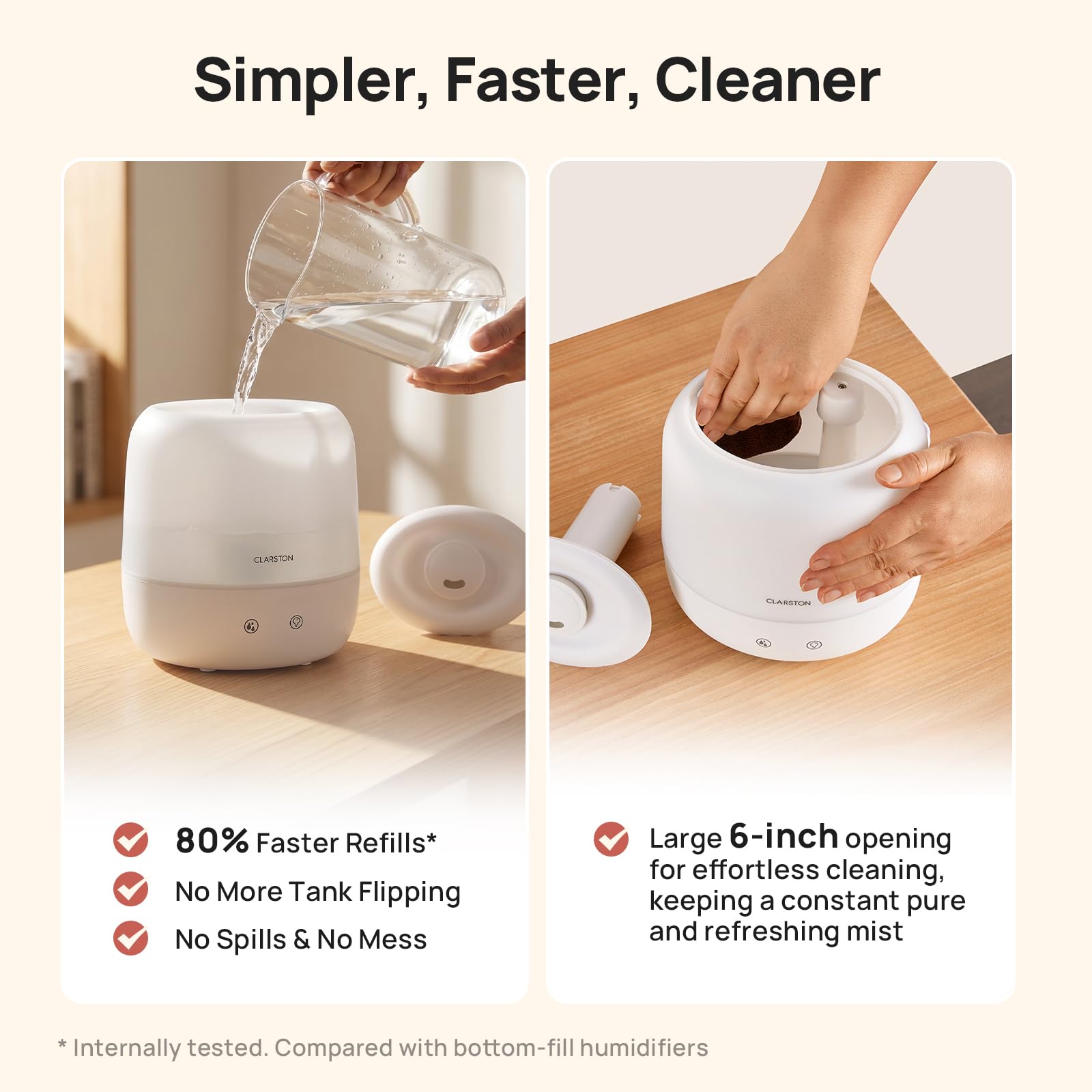 Clarston Humidifiers for Bedroom, 2L Cool Mist Humidifier, 24dB Quiet Sleep
