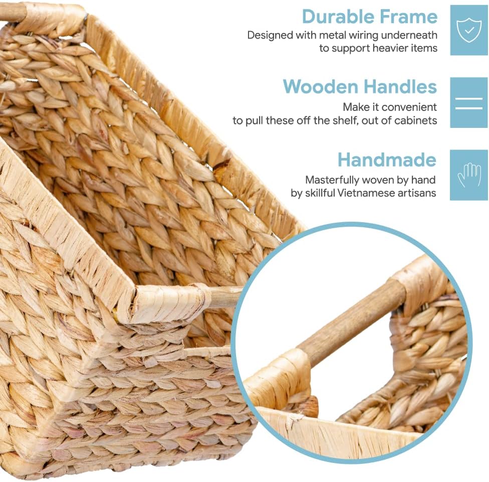 VATIMA Large Rectangular Wicker Basket with Wooden Handles for Shelves and Storage - Natural Water Hyacinth Basket for Organizing, 14.5 x 10.3 x 7.5 inches