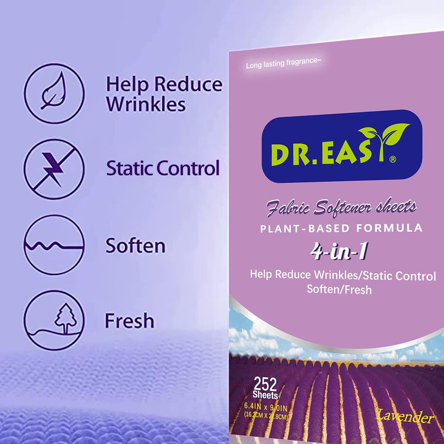 DR.EASY Dryer Sheets Plant Based Formula 252 Ct Fabric Softener sheets for Laundry Lavender Essential Oil Scented No Artificial Fragrances No Dyes Reduce Static & Wrinkles Help Repel Pet Hair