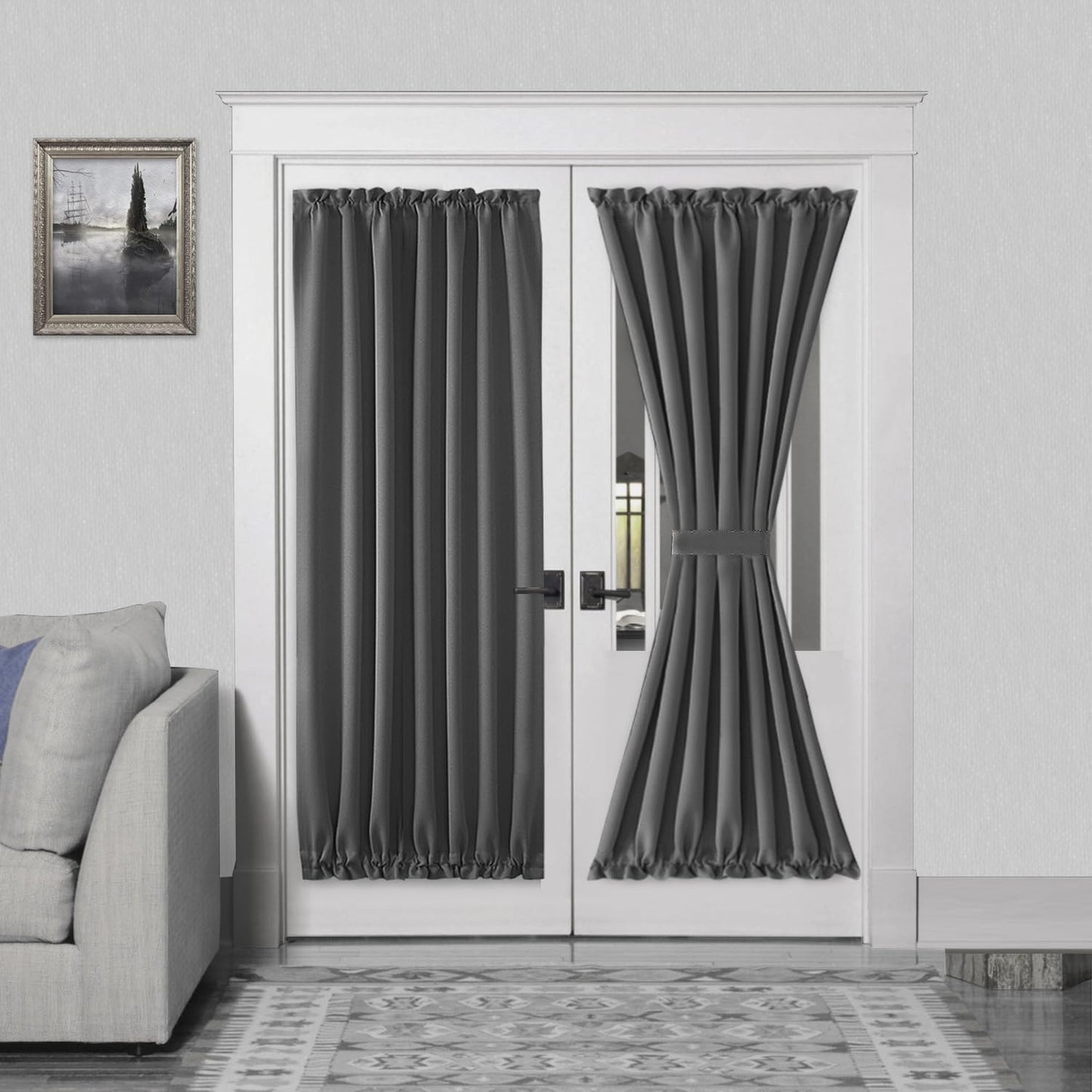 DWCN French Door Curtains – Rod Pocket Thermal Blackout Curtain for Doors with Glass Window, Kitchen and Patio Doors for Privacy, 54 X 72 Inches Long, 1 Curtain Panel with Tieback, Dark Grey