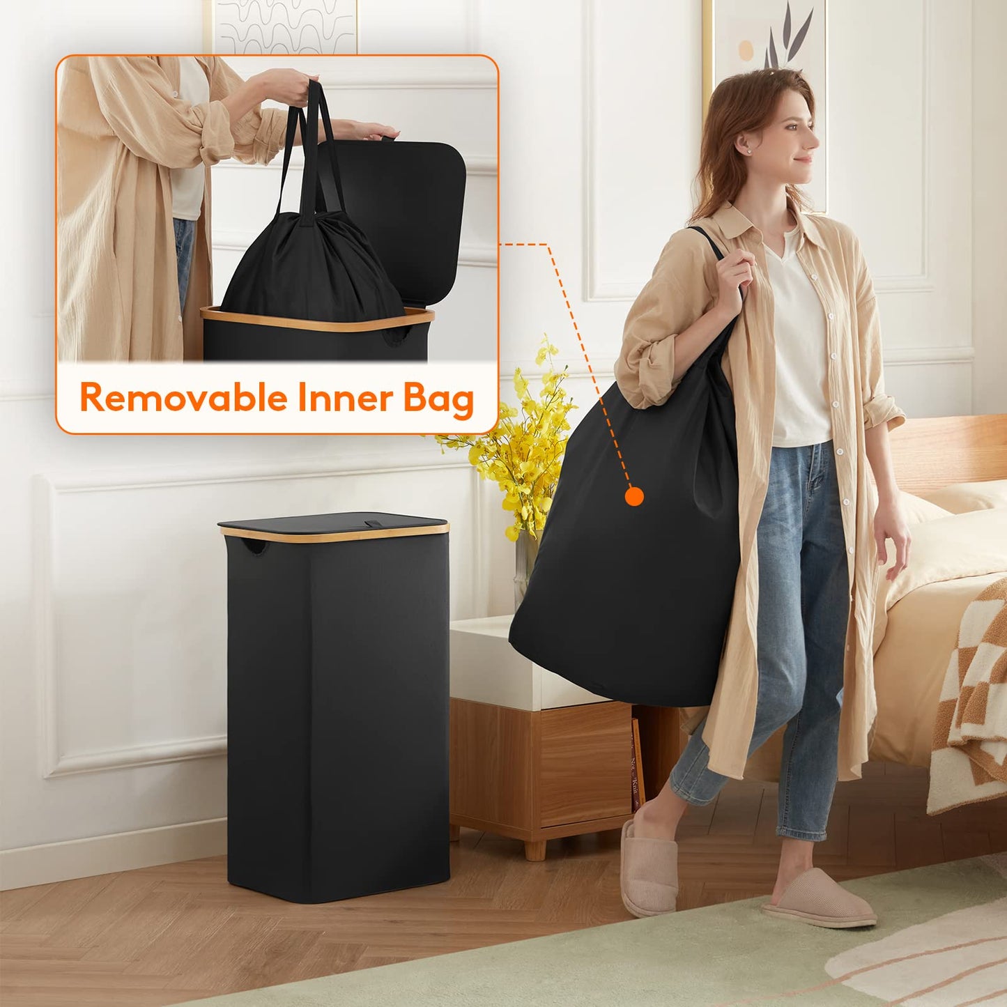 Lifewit 100L Laundry Basket with Lid, Clothes Hampers for Laundry with Bamboo Handles and 1