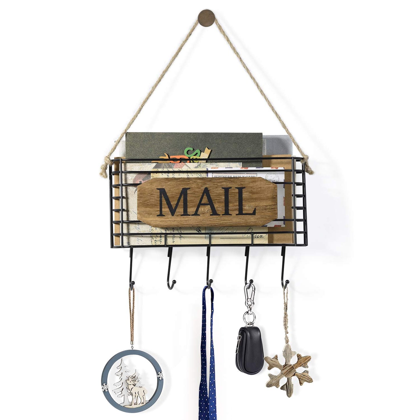 SRIWATANA Mail Organizer Wall Mount, 5 Key Hooks, Small, Carbonized Black
