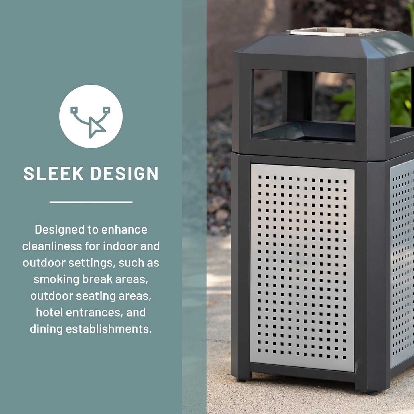 Safco Evos Steel Trash Can, 15 Gallons, Indoor and Outdoor Use, Heavy Duty Garbage Can with Plastic Liner and Ashtray