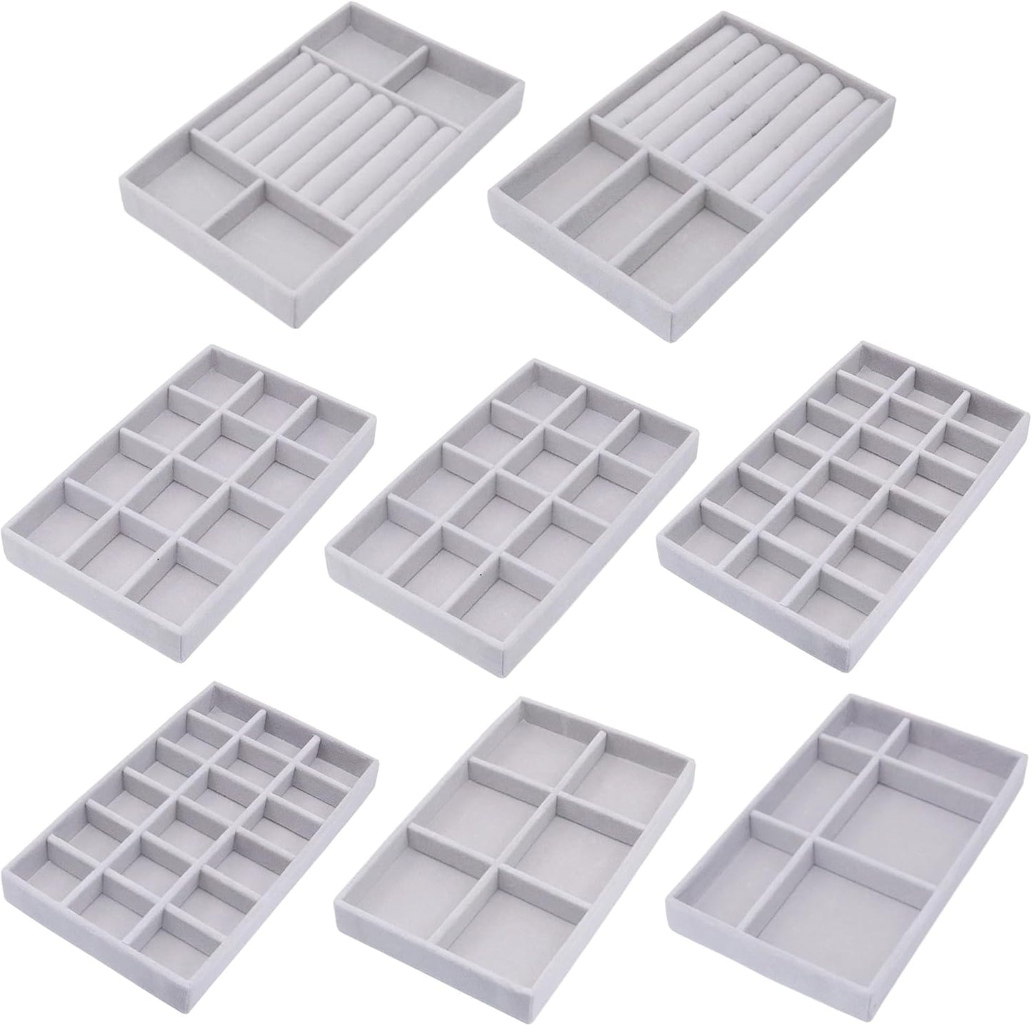 Jewelry Storage 8PACK, Velvet Jewelry Organizer Trays, 4PCS Stackable Jewelry Tray for Drawers, Grey Organizer for Rings, Earrings, Necklaces, Watches, Bracelets, Brooches