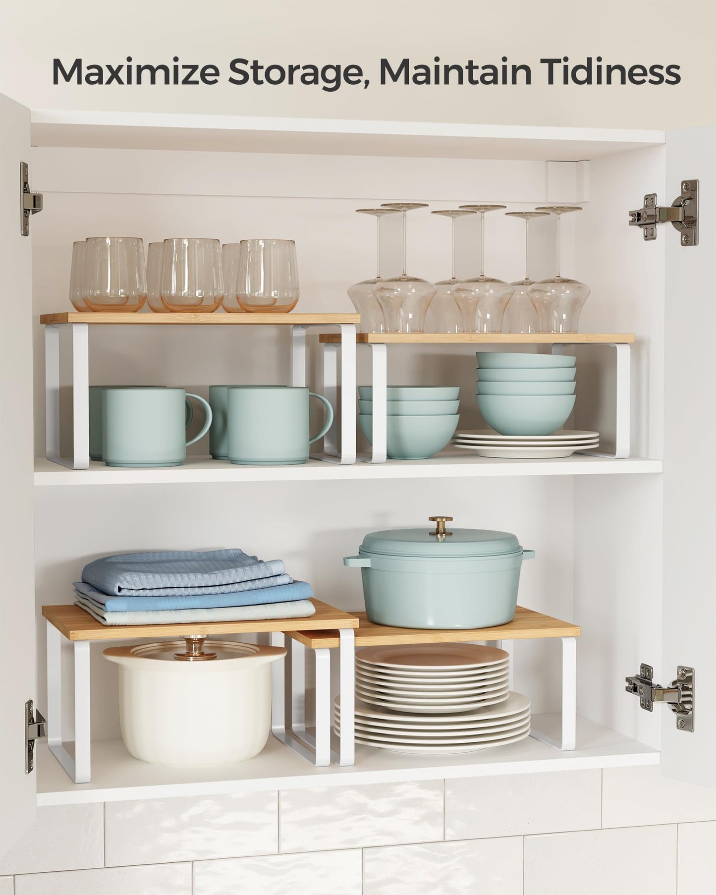 SONGMICS Cabinet Organizer Shelf, Set of 4 Kitchen Counter Shelves, Kitchen Storage, Spice Rack