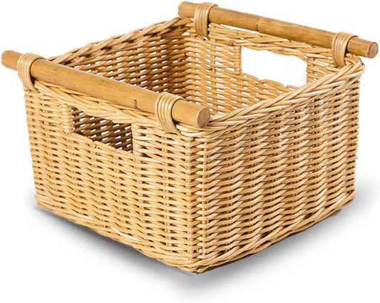 The Basket Lady Deep Pole Handle Wicker Storage Basket, Small, 11.5 in L x 11.5 in W x 8 in H, Sandstone