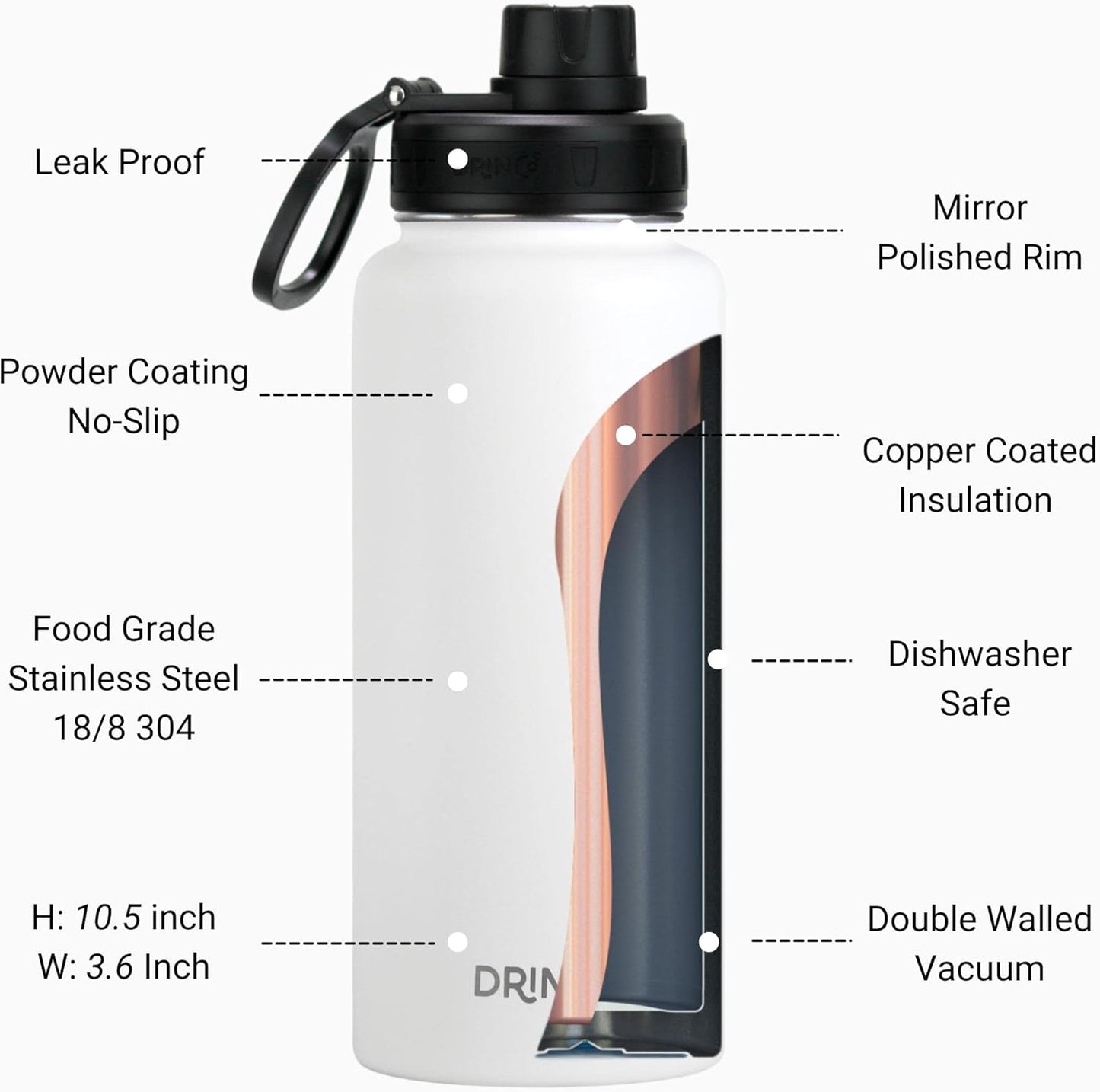 DRINCO Stainless Steel Water Bottle Spout Lid Vacuum Insulated Double Wall Water Bottle Wide Mouth (40oz 32oz 22oz 18oz 14oz) Leak Proof Keeps Cold or Hot (32 oz, 32oz Artic White)