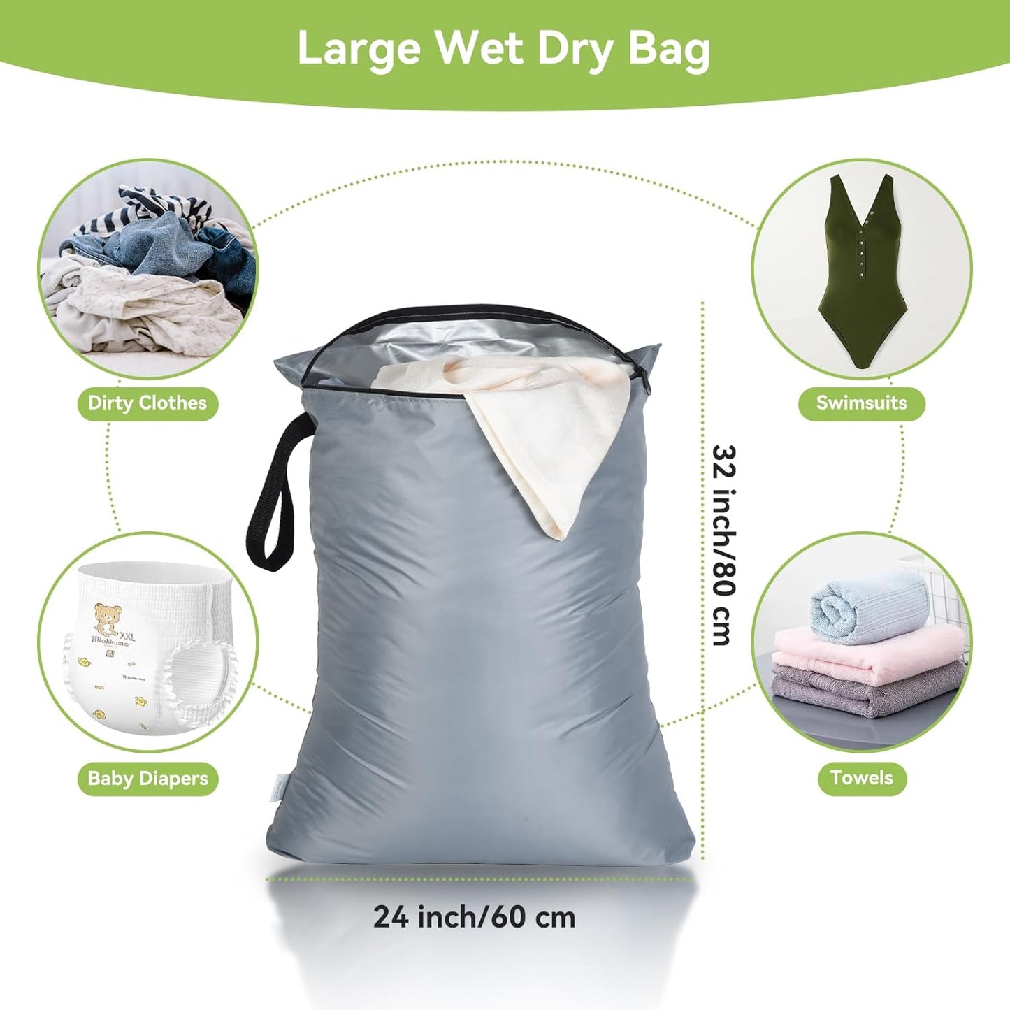 OTraki 2Pcs Exlarge Wet Bag 24x32 inch Reusable Waterproof Wet Dry Bag with Zipper Handle Wet Clothes Blanket Bedding Coat Sweater Machine Washable Laundry Bag for Travel Hotel Camping, Black & Grey
