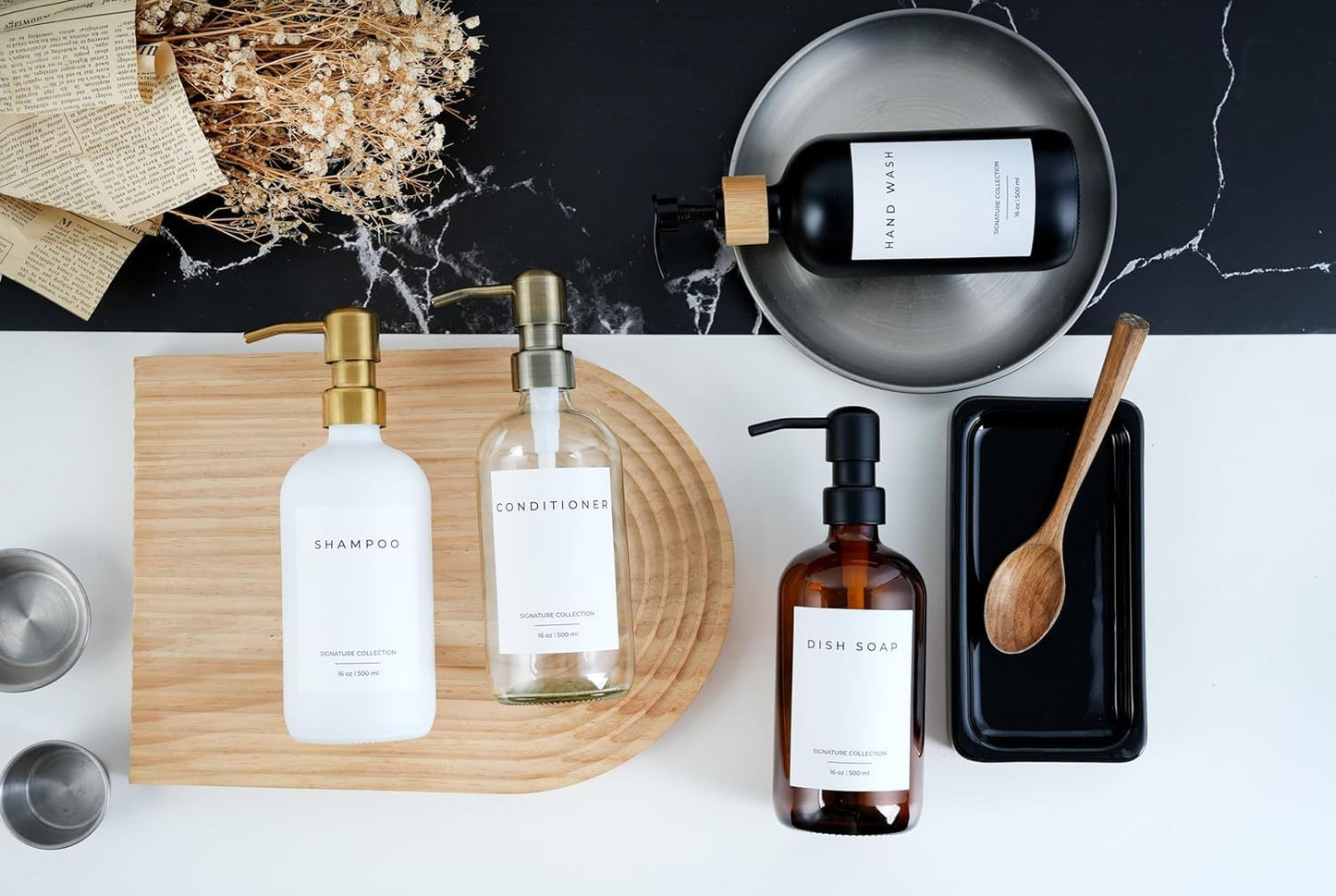 Emerson Essentials Soap Dispenser, Hands and Dishes Bottles, Kitchen Set, Glass Boyylrd with Pump and Labels,16 Ounces, 2-Pack