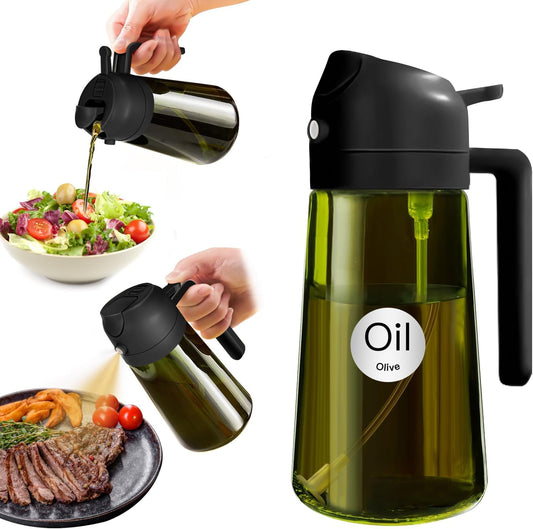 YARRAMATE 16oz/470ml Light-Blocking Dark Oil Sprayer for Cooking, 2 in 1 Olive Oil Dispenser Bottle for Kitchen, Premium Dark Green Glass Oil Bottle, Food-Grade Oil Mister for Air Fryer, BBQ (Black)