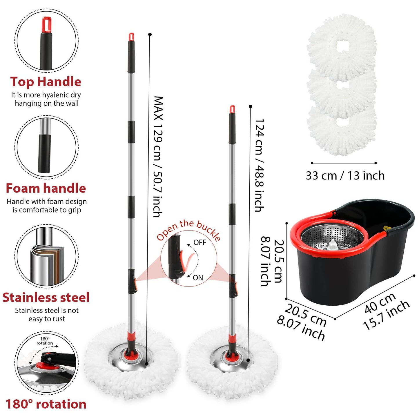 Spin Mop and Bucket with Wringer Set, 3 Microfiber Mop Heads, 51" Handle