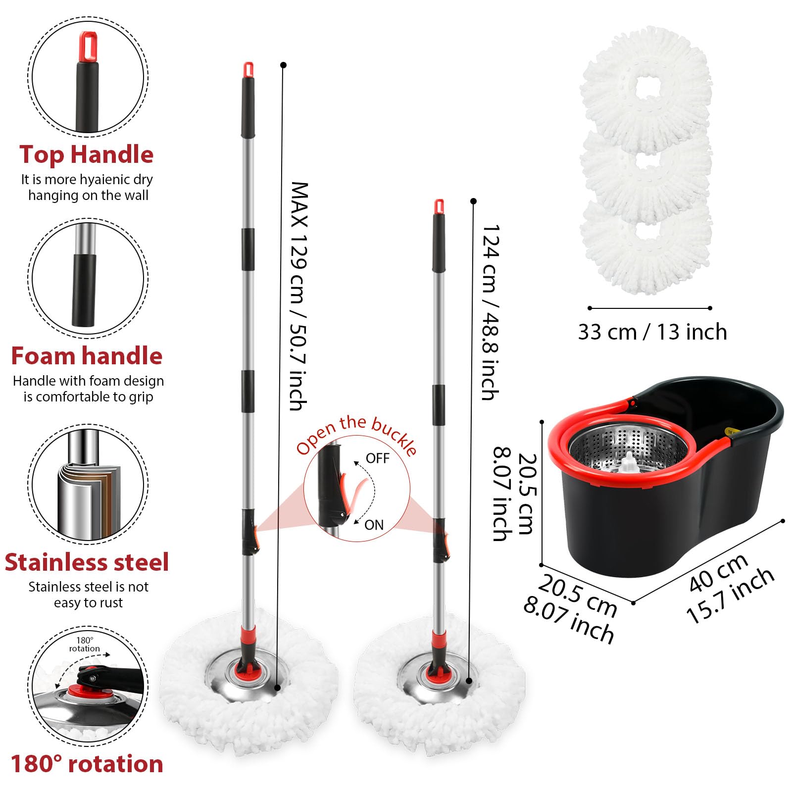 Spin Mop and Bucket with Wringer Set, 3 Microfiber Mop Heads, 51" Handle