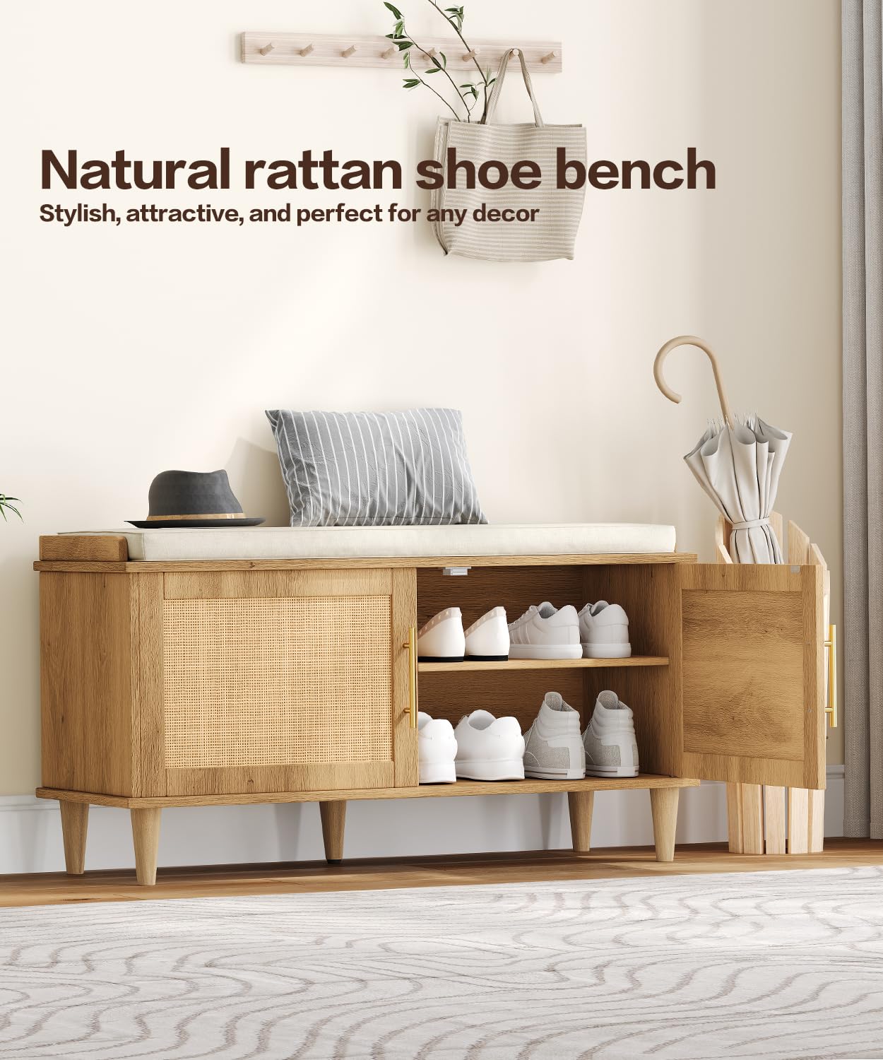 Akxomel 39.4" Rattan Shoe Storage Bench 2 Doors Wooden Entryway Bench Oak