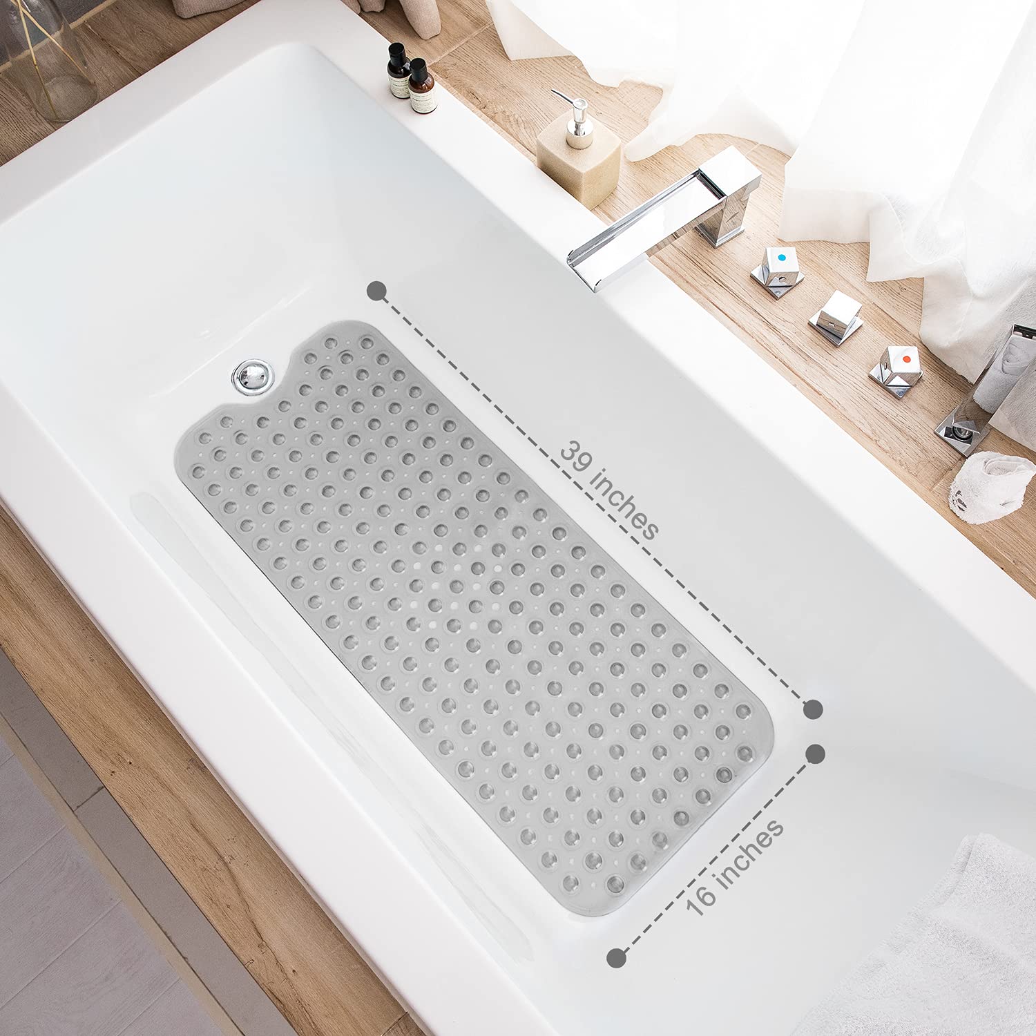TEESHLY Bathtub Mats for Shower Tub, Extra Long Non-Slip 39 x 16 Inch Bath Mat with Drain Holes and