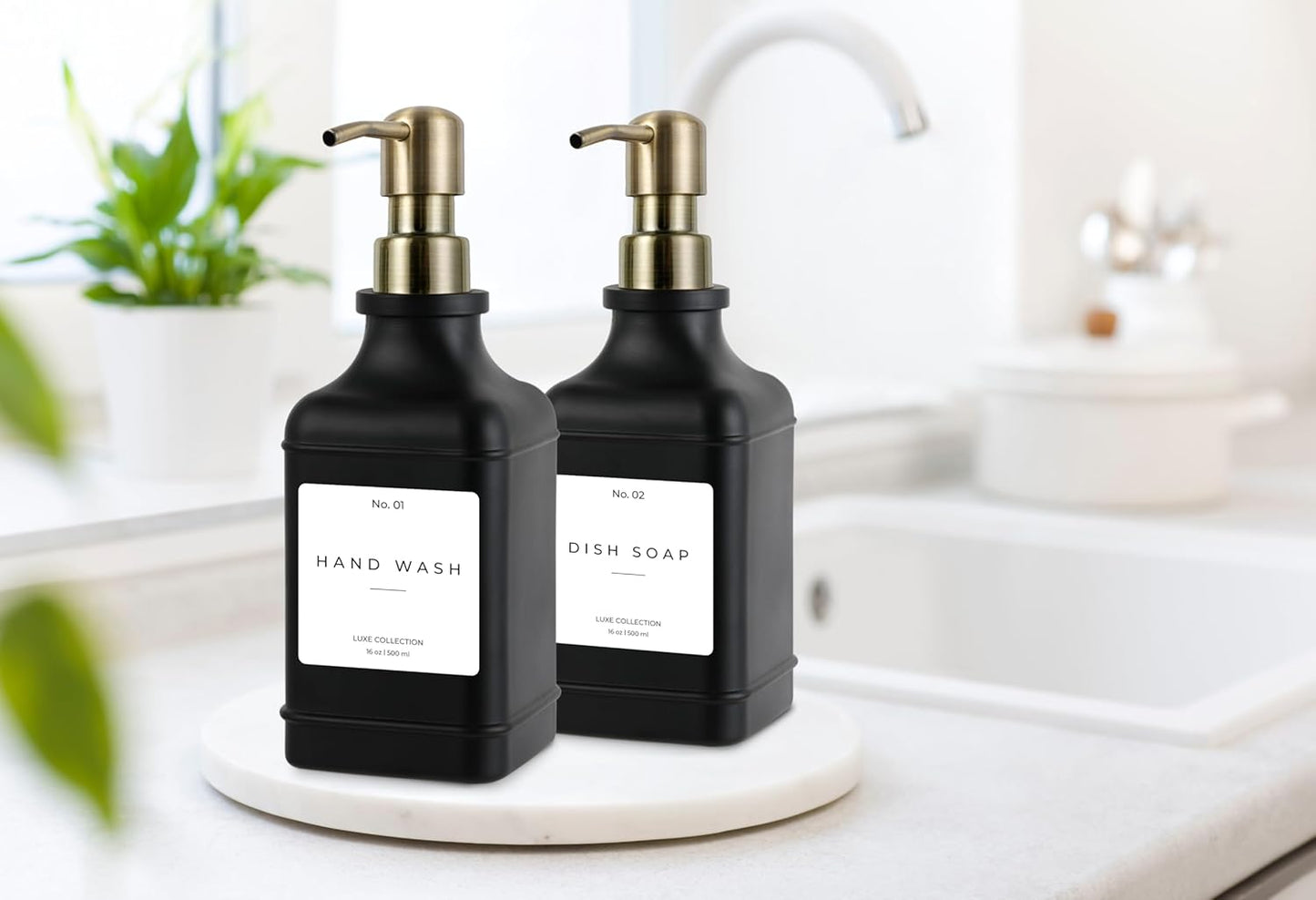 Emerson Essentials Soap Dispenser, Dish Soap Dispenser, Soap Bottle Bathroom Set, Hand Soap Farmhouse Home, Kitchen Soap Dispenser Set - Glass Soap Dispenser with Pump and Labels, 16 Oz, 2 Set