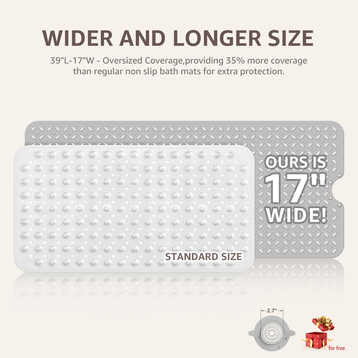 OTHWAY Bath Mat for Tub Non Slip: 39" X 17" Long Bathtub Mat with Hair Catcher│Big Drain Holes