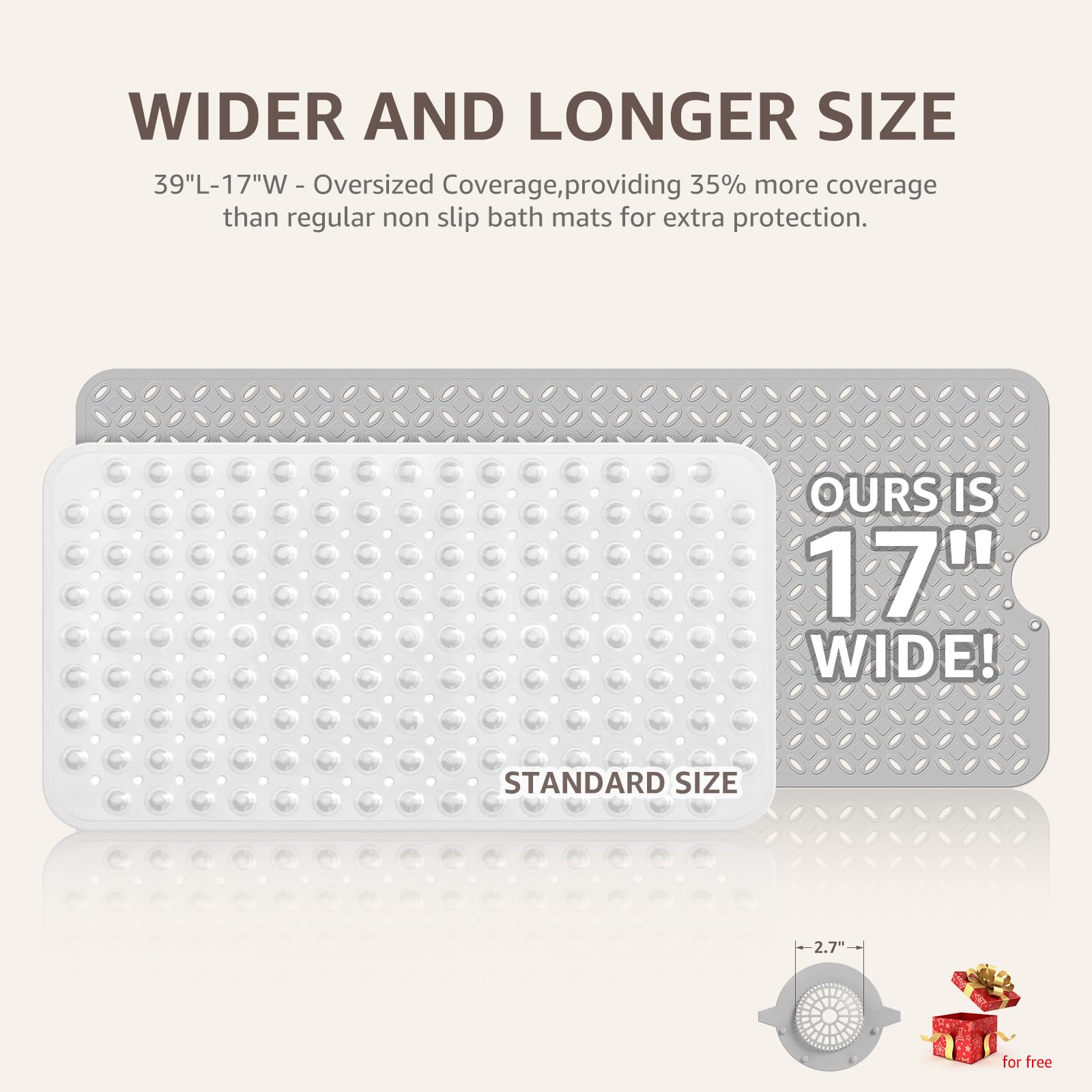 OTHWAY Bath Mat for Tub Non Slip: 39" X 17" Long Bathtub Mat with Hair Catcher│Big Drain Holes