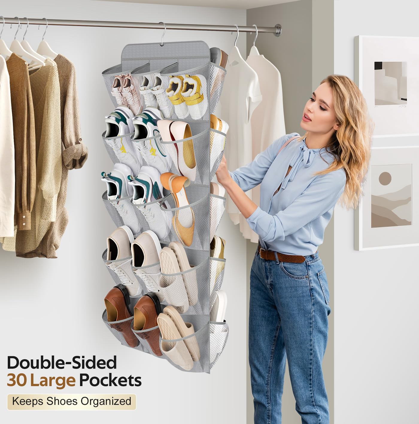 MISSLO 30 Large Pockets Dual Sided Hanging Shoe Organizer for Closet with Rotating Hanger Hanging