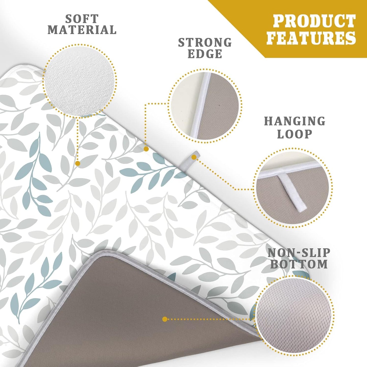 Leaves Branches Dish Drying Mat 18x24 for Kitchen Counter Decor Grey and Blue Leaf Absorbent Reversible Plant Dish Mat Microfiber Drying Pad Dish Drainer Rack Mats for Coffee Bar Home Decor