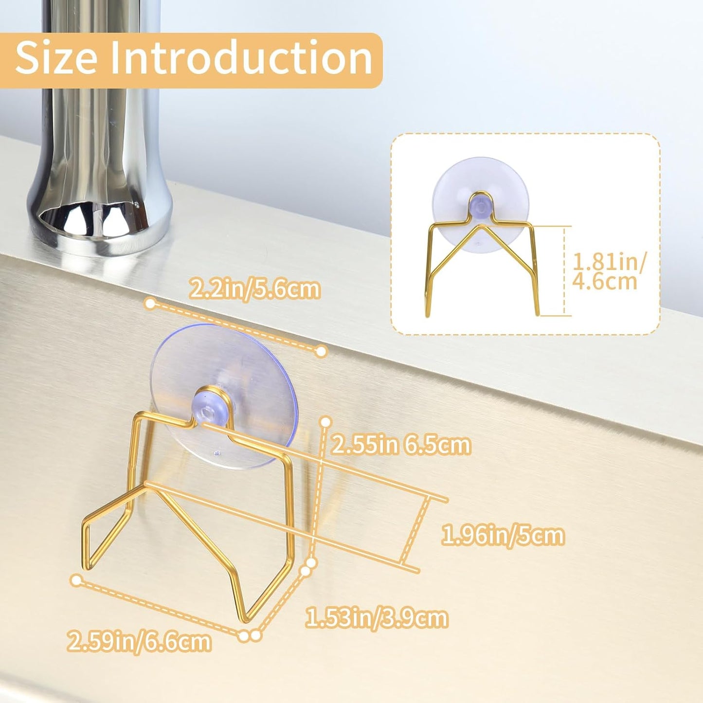 Snailhouse Sponge Holder for Kitchen Sink, 2 Pack Suction Cup Stainless Steel Rustproof Dish Sponge Rack Organizer Holder Basket Accessories, Gold