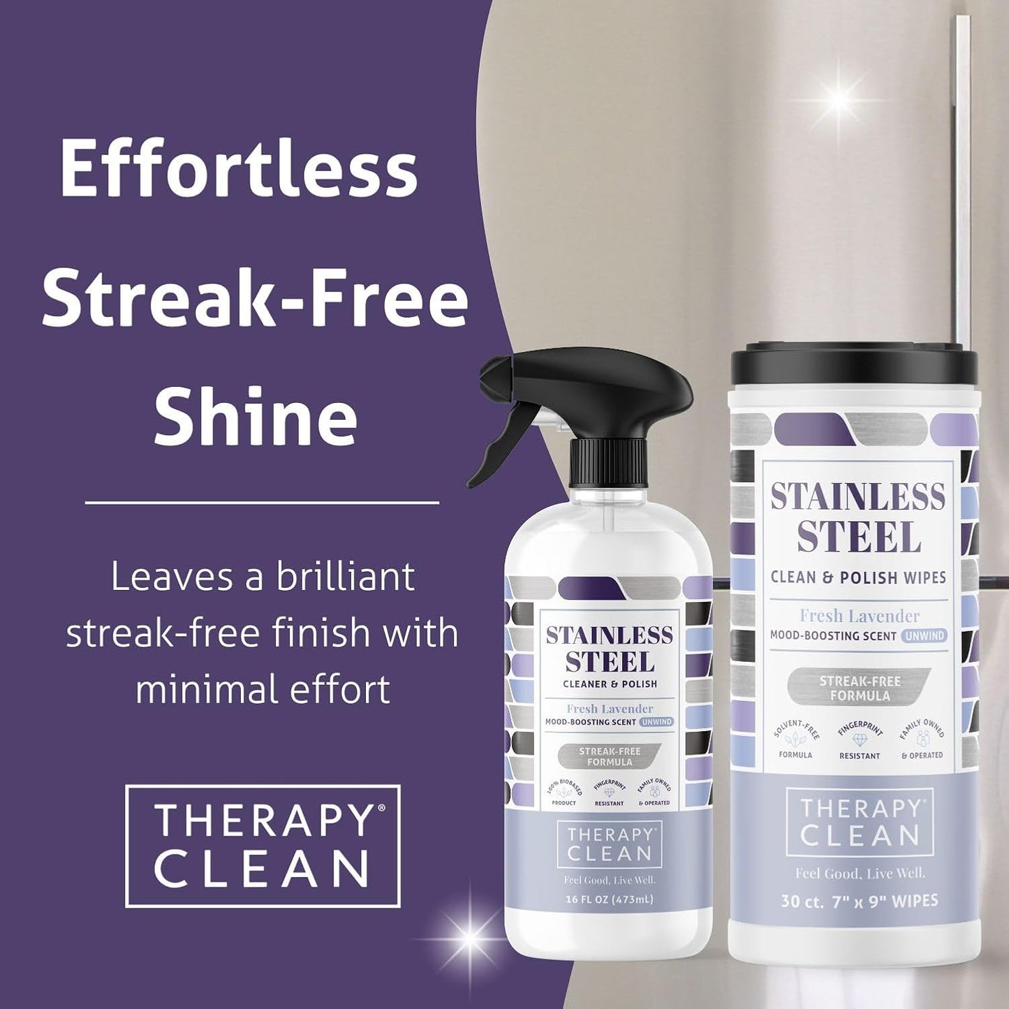 Therapy Stainless Steel Cleaner and and Polish Wipes Bundle with Microfiber Cloth - Remove Fingerprints from Appliances, Sinks, Fridge, Grill, Refrigerator, BBQ, Stove - Stainless Steel Spray and Wipe