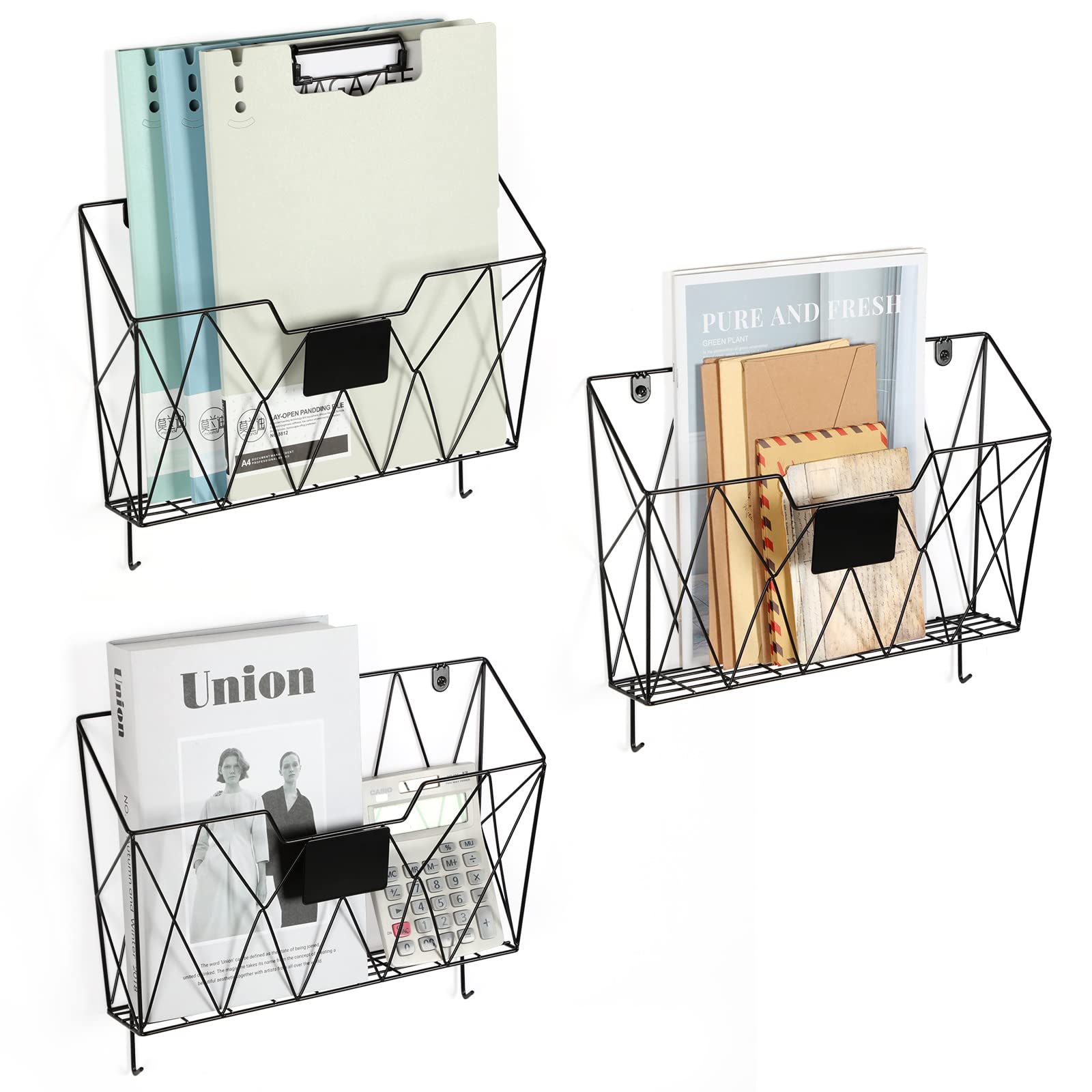 Wall File Organizer, 3 Pack Metal Wall Basket File Holder for Home Office