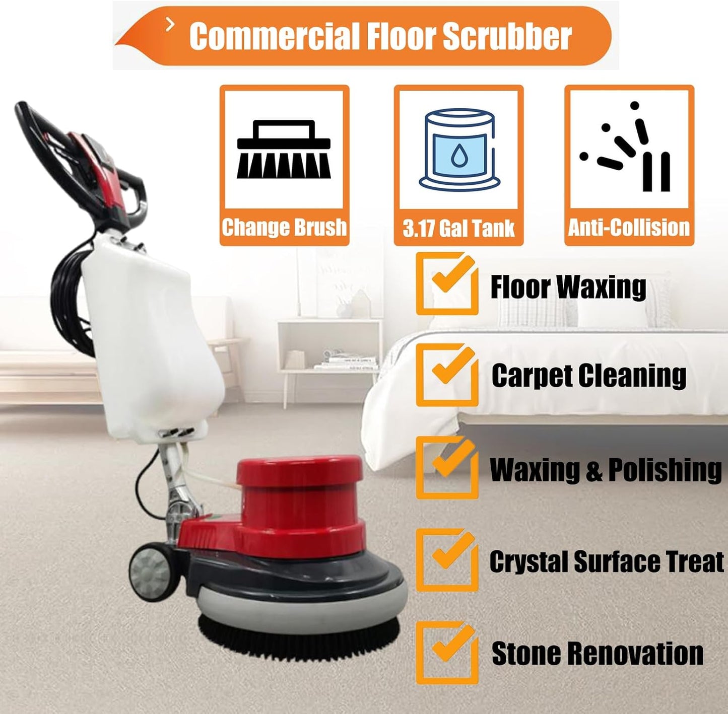 Commercial Floor Cleaning Machine 17" Floor Cleaner and Polisher Industrial Ground Scrubber Buffer with Three Brushes for Floor Cleaing, 110V