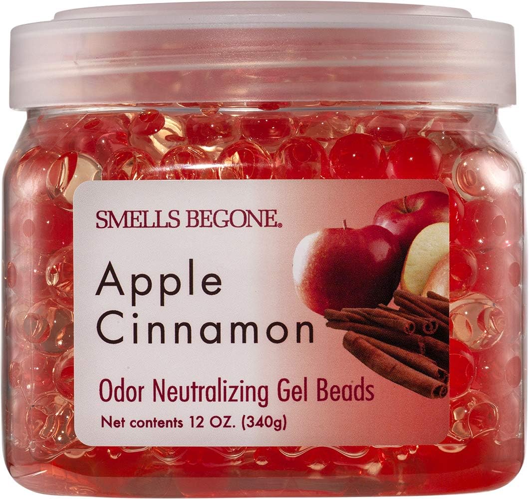 SMELLS BEGONE Odor Eliminator Gel Beads - Air Freshener - Eliminates Odor in Bathrooms, Cars, Boats, RVs and Pet Areas - Made with Essential Oils - Apple Cinnamon Scent - 12 Ounce