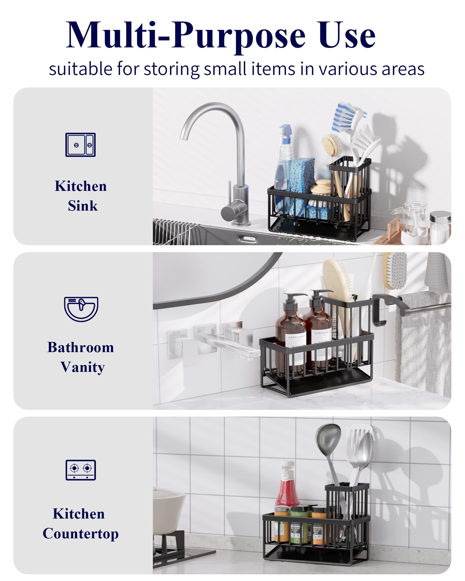 Kitsure Sponge Holder for Kitchen Sink, 7.9"x3.7"x6.2", Black