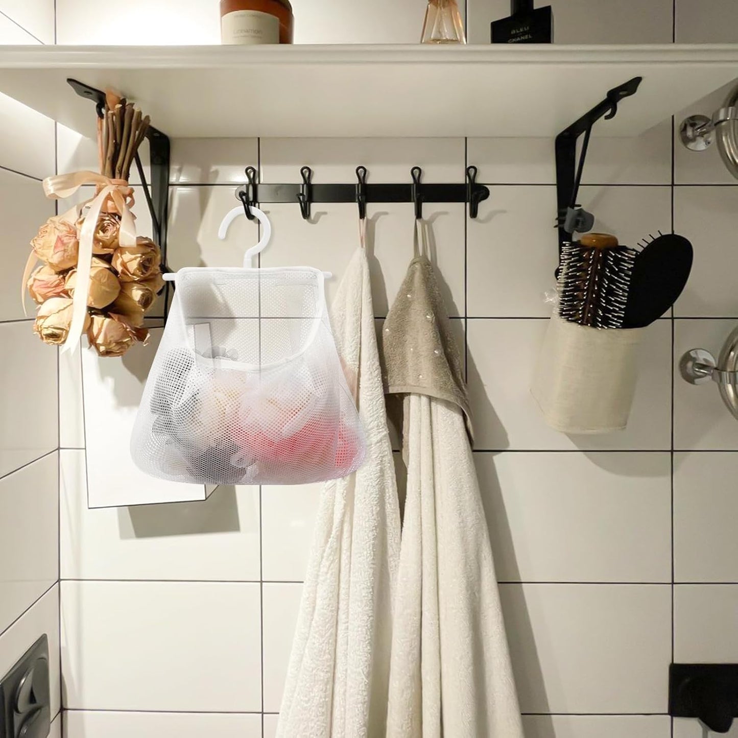 Cabilock 2pcs Multi-functional Hanging Mesh Bag Breathable Laundry Storage Bag for Bathroom Kitchen Clothespin Holder Fruit and Vegetable Pouch Hanging Organizer for Home Use