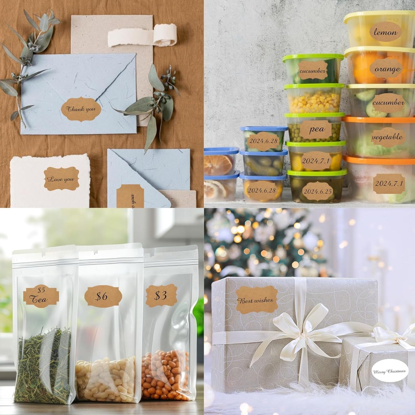 Dark Kraft Labels Stickers, 250 PCS 3" x 2" Fancy Shape Stickers Labels for Storage Box or Food Jars Holiday Present Stickers Christmas Gift Tags