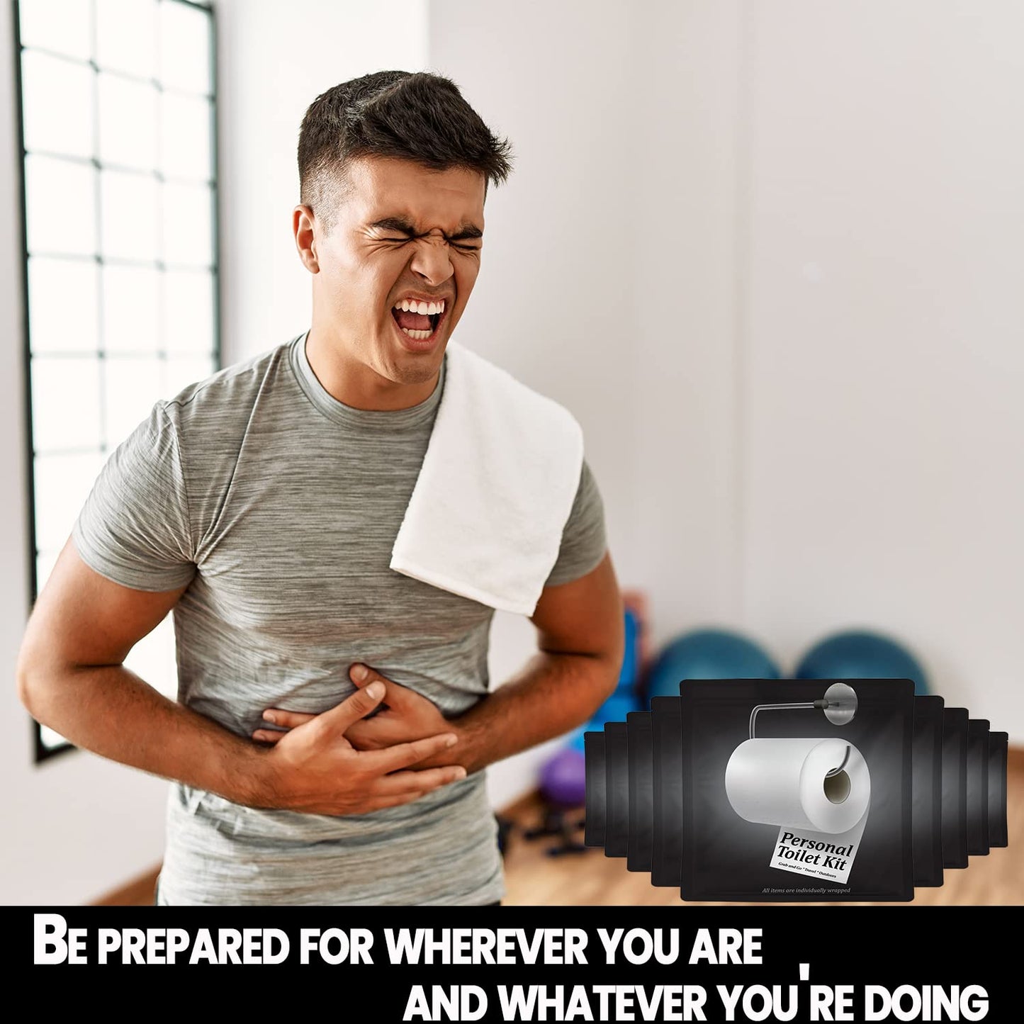 Personal Toilet Kit To Go – 10 Pack | Disposable Public Restroom Kit | Individually Wrapped for Toilet Protection Kit | Toilet Paper, Toilet Seat Cover, Butt Wipes, Cleansing Wipes (Black Toilet)