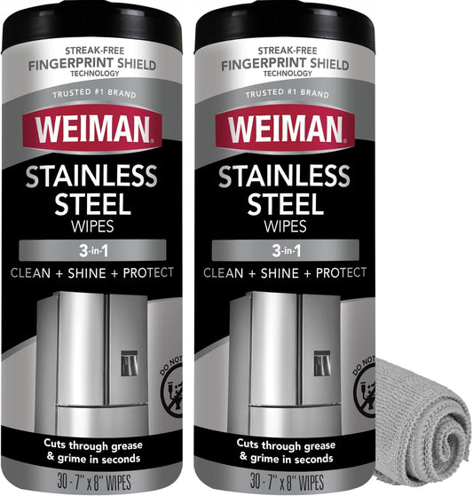 Weiman Stainless Steel Cleaner and Polish Wipes Bundle with Microfiber Cloth-Removes Fingerprints, Water Marks and Grease from Appliances - Works Great on Refrigerators, Ovens, and Grills