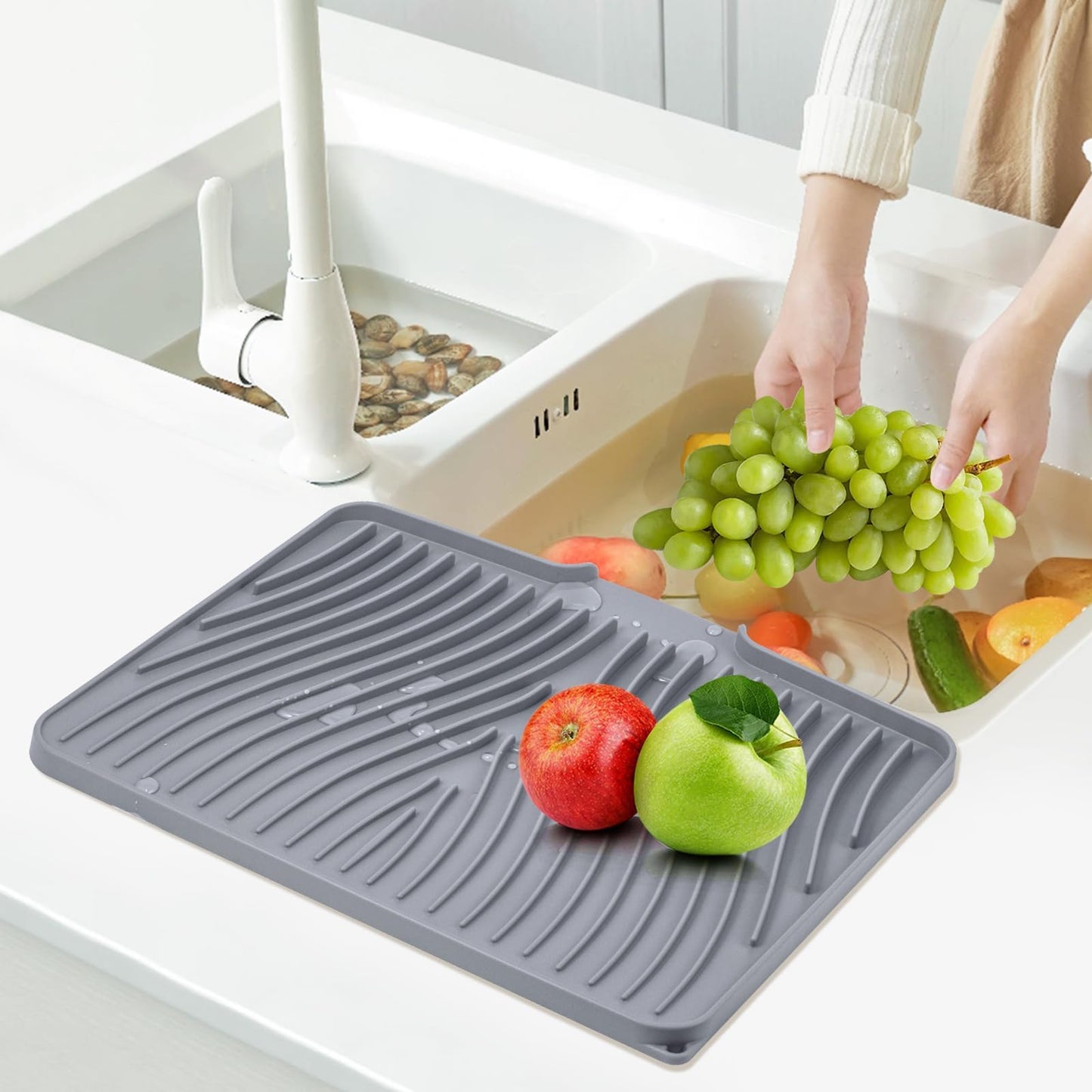 TIKNIK Silicone Dish Drying Mat for Kitchen Counter, Grey-1pcs, 16" x 12"