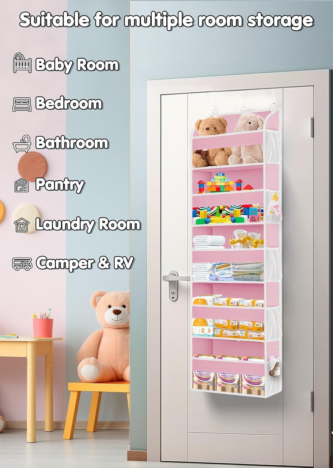 2 Pack Over The Door Storage Organizer with 5 Pockets 10 Mesh Pockets, 44 lbs Weight Capacity Door Hanging Organizers and Storage for Bedroom,Bathroom,Nursery,Kidroom,Babyroom