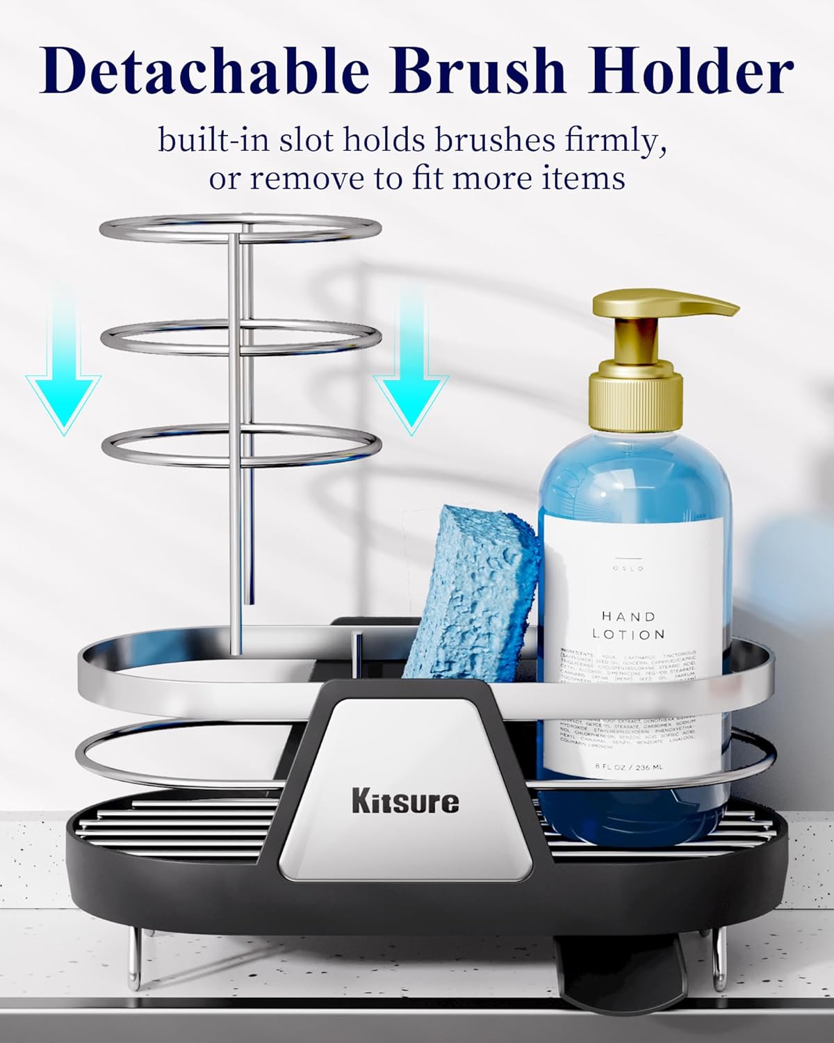 Kitsure Sponge Holder for Kitchen Sink - Space-Saving Kitchen Sink Caddy, Rustproof Metal Sink Organizer with Removable Brush Holder, 7.9"×3.9"×5.3", Black